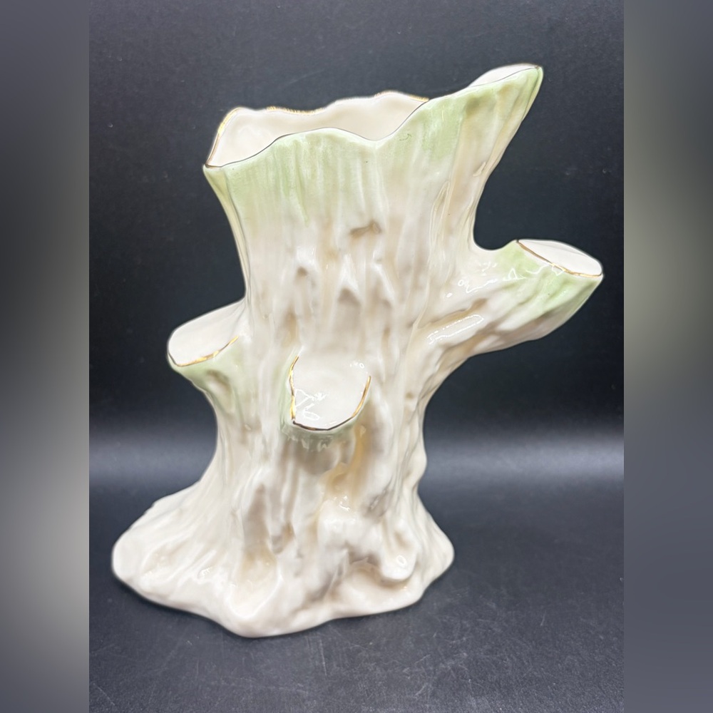 Vintage Belleek Ireland Porcelain Tree Trunk Vase, Green & Gilts Accents Decor
